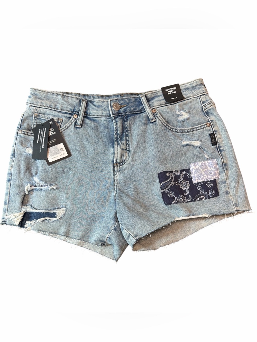 Silver Jeans Boyfriend Shorts W31 NWT Distressed Patchwork Denim Mid Rise